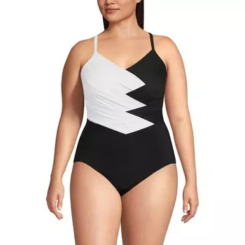 Большой размер Lands' End Slender Suit Плиссированный цельный купальник с X-образной спинкой, цвет Black White