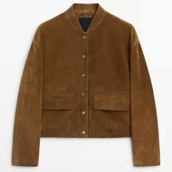 Бомбер Massimo Dutti Suede Leather With Gold Snap Buttons, коричневый