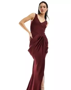 Бордовое платье миди с драпировкой и лифом ASOS DESIGN