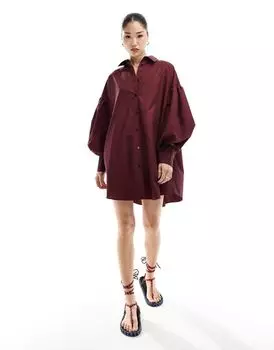 Бордовое платье-рубашка-бойфренд с пышными рукавами ASOS DESIGN