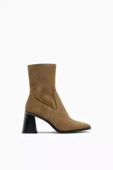Ботинки из замши на каблуке ZARA, коричневый
