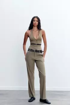 Брюки с низкой посадкой и двойным поясом ZARA, хаки меланж
