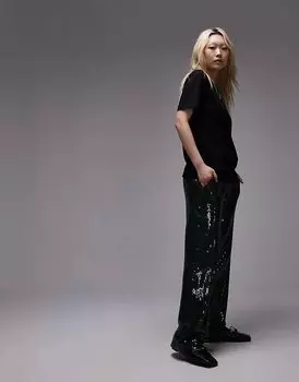 Брюки с пайетками зеленого цвета Topshop