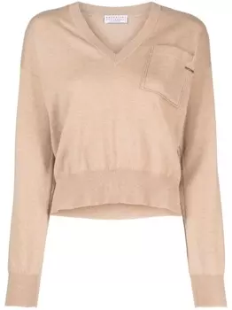 Brunello Cucinelli кашемировый джемпер с контрастными нашивками, коричневый