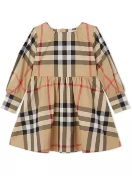 Burberry Kids клетчатое платье с длинными рукавами, нейтральный цвет