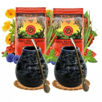 Чайный набор Mate Green Mate для двоих Yerba Mate Tea Mas Energia с гуараной, 400 г, синяя керамическая кружка Marmol, 350 мл