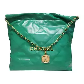 CHANEL Сумка-шоппер из блестящей телячьей кожи, 22 сумки, женская, зеленая, Trumpets