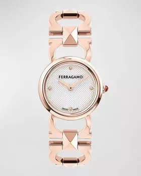 Часы Double Gancini с заклепками, 25 мм, серебряный циферблат, розовое золото Ferragamo, цвет Rose Gold