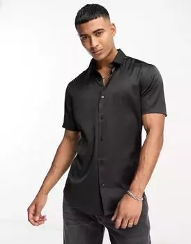 Черная атласная рубашка узкого кроя ASOS
