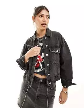 Черная джинсовая куртка оверсайз Pull&Bear