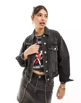 Черная джинсовая куртка оверсайз Pull&Bear
