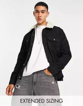 Черная джинсовая куртка со съемным воротником-боргом ASOS DESIGN