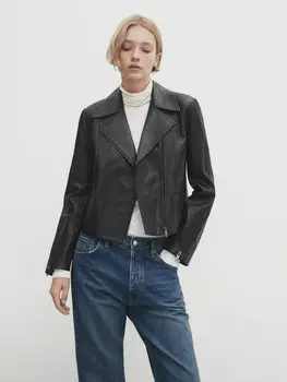 Черная кожаная байкерская куртка Massimo Dutti, черный
