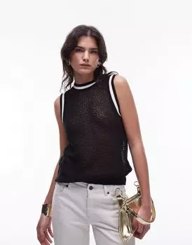 Черная трикотажная футболка без рукавов с контрастной окантовкой Topshop