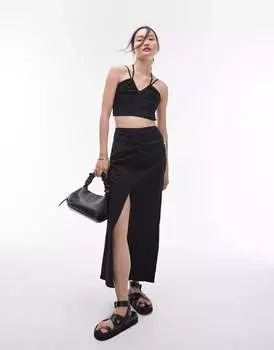 Черная юбка макси с рюшами по центру Topshop