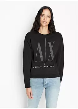Черная женская толстовка с круглым вырезом и принтом Armani Exchange