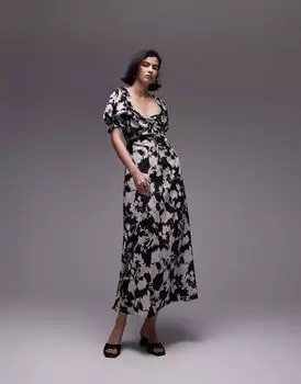 Черно-белое платье миди со шнуровкой и животным принтом Topshop