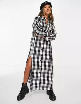 Черно-белое платье-рубашка макси из букле ASOS