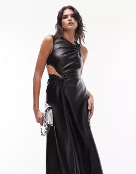 Черное асимметричное платье миди с вырезом из полиуретана Topshop