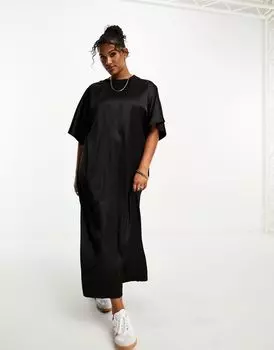 Черное атласное платье-футболка миди оверсайз ASOS DESIGN Curve