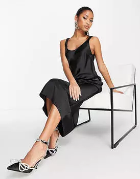 Черное атласное платье-комбинация миди с круглым вырезом ASOS DESIGN