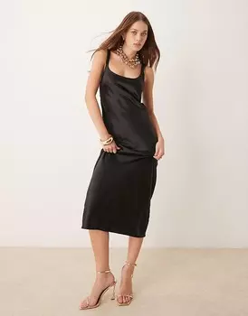 Черное атласное платье-комбинация миди с круглым вырезом ASOS DESIGN