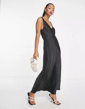 Черное атласное платье-комбинация миди с эластичной спинкой ASOS DESIGN