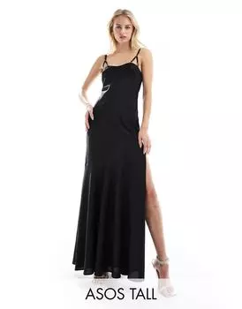Черное атласное платье макси с пряжкой и пышной юбкой ASOS DESIGN Tall