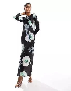 Черное атласное платье макси с пуговицами ASOS