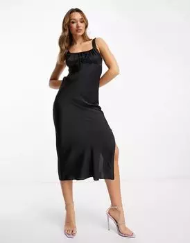 Черное атласное платье миди со сборками ASOS