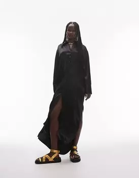Черное атласное платье-рубашка Topshop премиум-класса с заниженной спиной