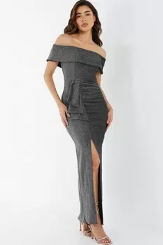 Черное блестящее платье-макси Bardot QUIZ Clothing