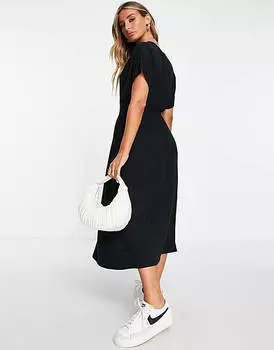 Черное чайное платье миди с талией и пуговицами ASOS DESIGN
