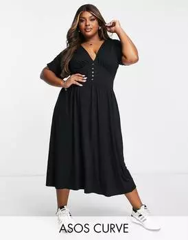 Черное чайное платье миди с завышенной талией и пуговицами ASOS DESIGN Curve
