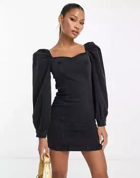 Черное джинсовое платье мини с пышными рукавами ASOS