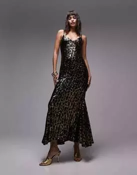 Черное и золотое платье макси с пайетками Topshop