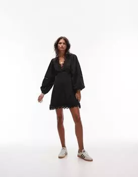 Черное кружевное чайное платье мини с v-образным вырезом Topshop