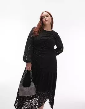 Черное кружевное платье миди со сборками и длинными рукавами Topshop