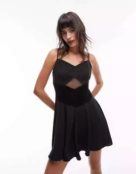 Черное мини-платье из бархата и сетки с вырезами Topshop
