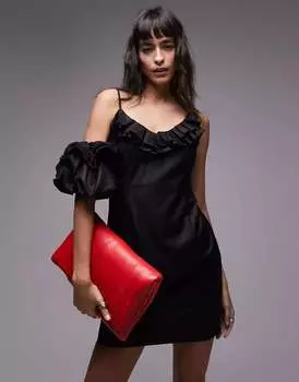 Черное мини-платье на бретельках с рукавами-розами Topshop
