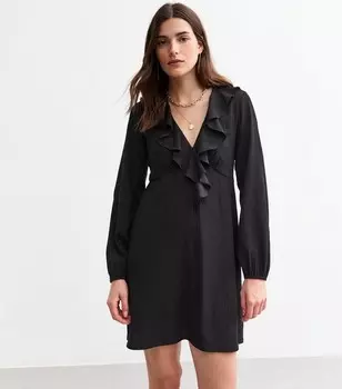 Черное мини-платье с жатыми рюшами и длинными рукавами New Look, черный