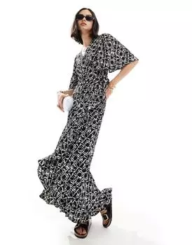 Черное платье макси с абстрактным принтом и запахом спереди Vero Moda