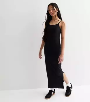 Черное платье макси с бретелями в рубчик для девочек New Look, черный