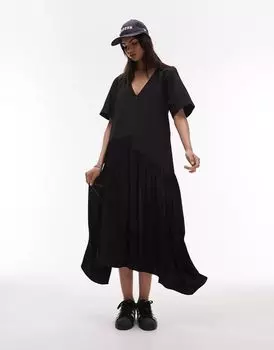 Черное платье миди без шнуровки из поплина и атласа Topshop