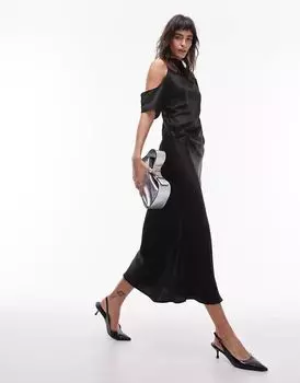 Черное платье миди прямого кроя с открытыми плечами Topshop