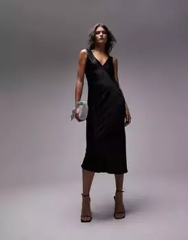 Черное платье миди с бретелями Topshop
