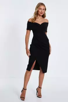 Черное платье-миди с запахом и рюшами Bardot QUIZ Clothing