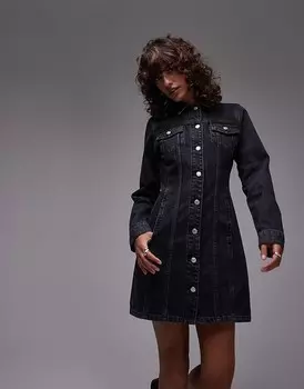 Черное платье мини с длинными рукавами и пуговицами Topshop