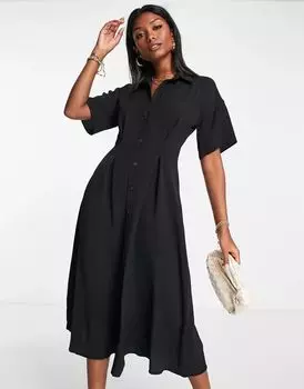 Черное платье-рубашка миди с застежкой на пуговицы на поясе ASOS