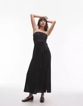 Черное платье с вырезом-бандо и завязкой спереди Topshop